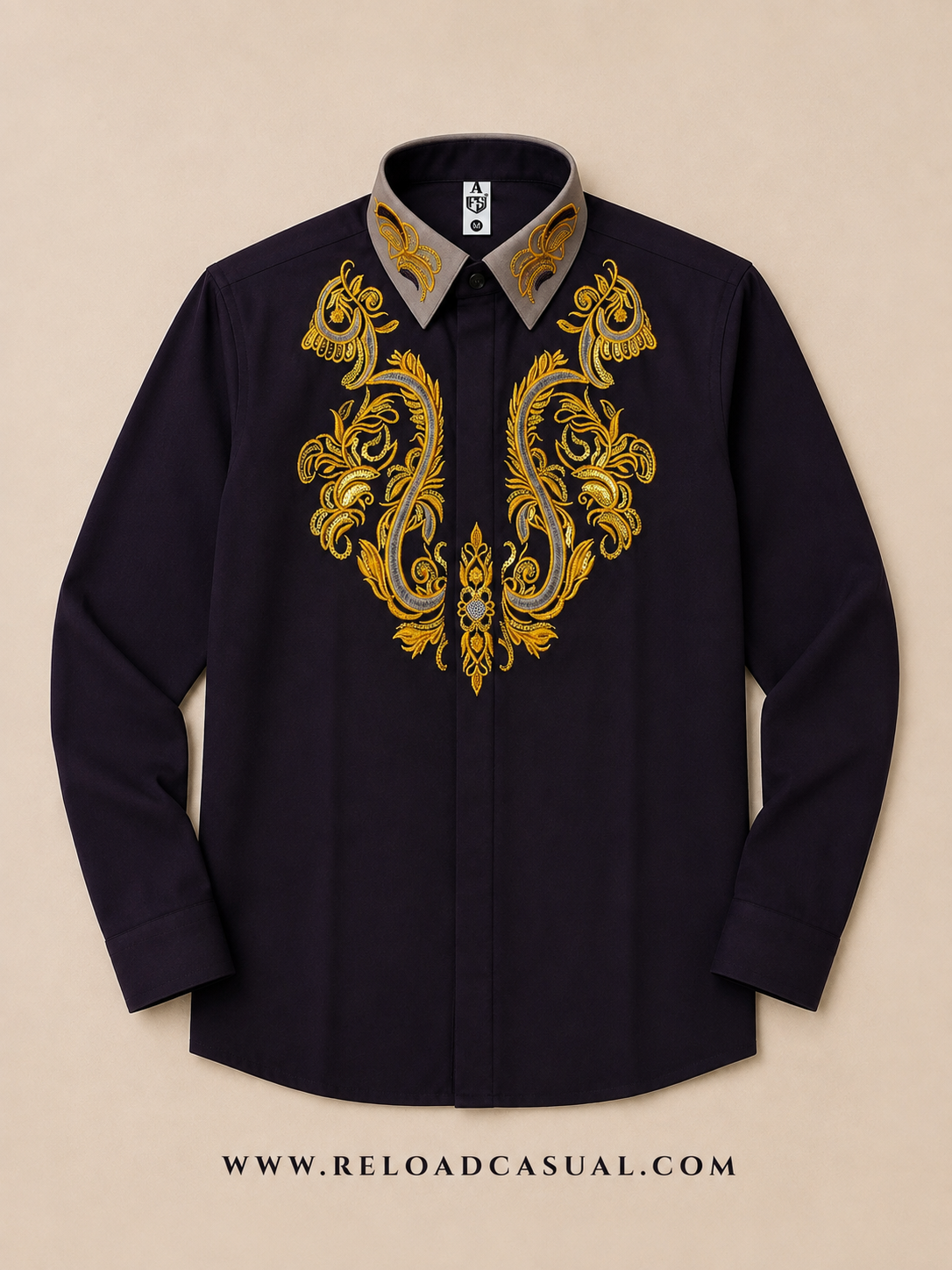 Mens Embroidered Contrast Collar Design Slim Fit Shirt
