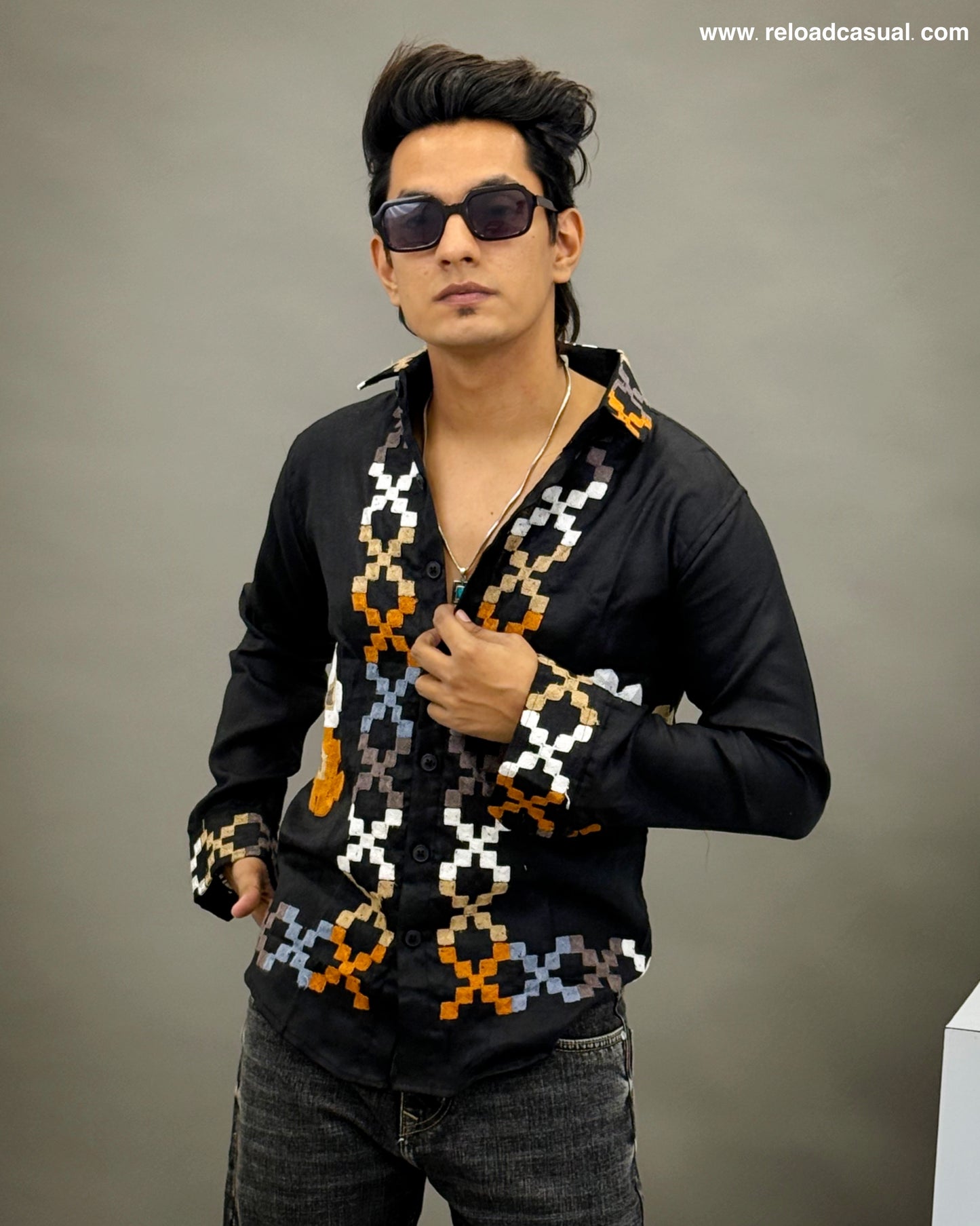 Cultural Grid Embroidered Casual Shirt