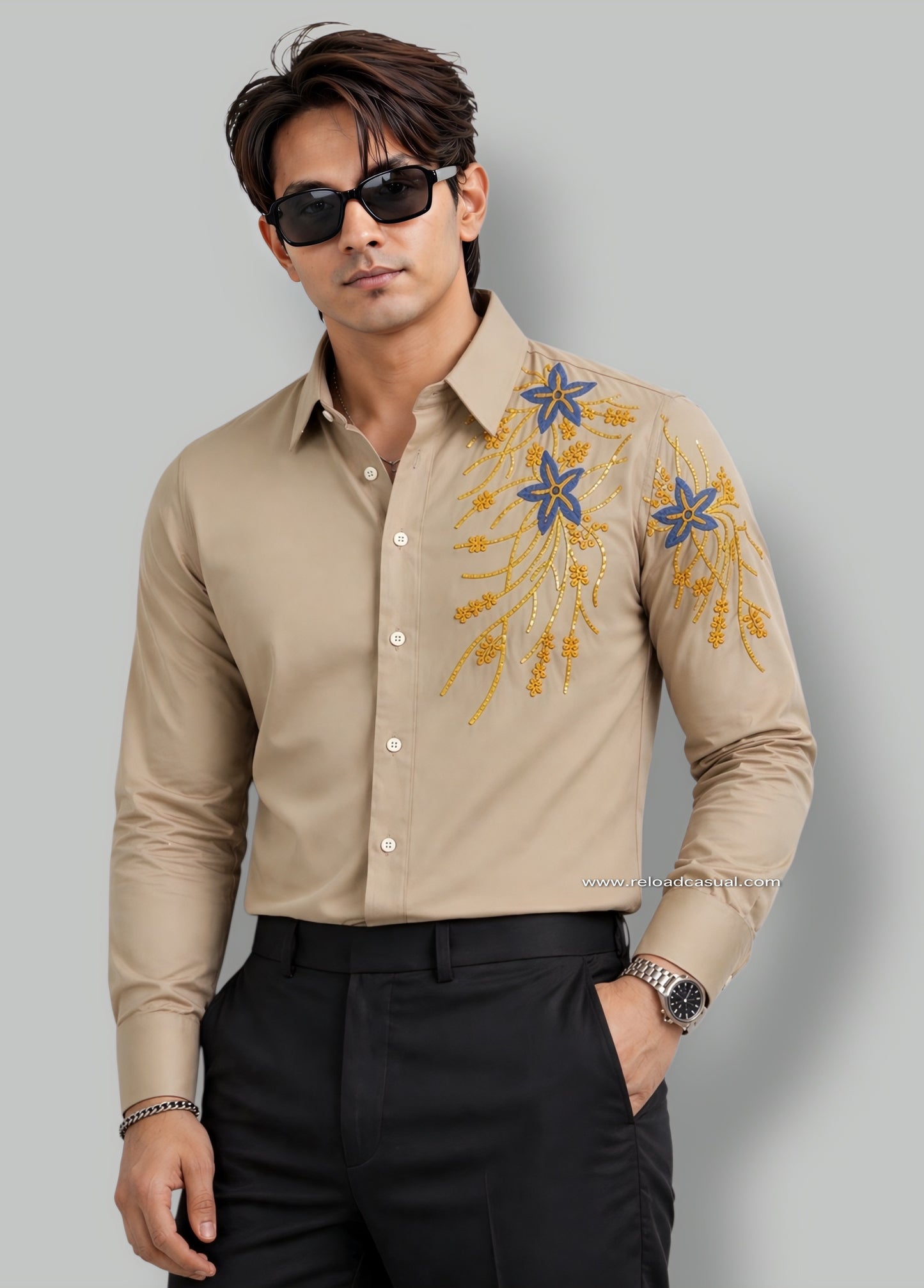 Chest & Sleeve Floral Embroidered Shirt
