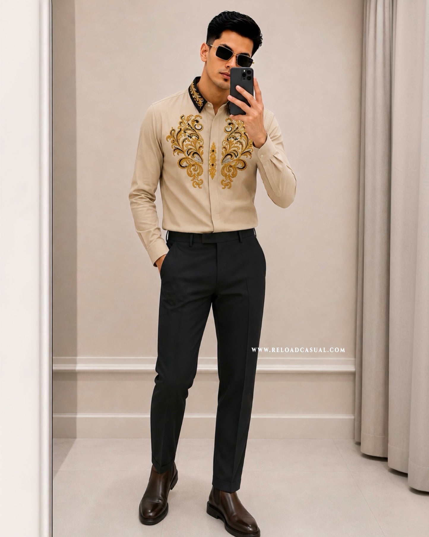 Men's Royal Contrast Collar Embroidered Shirt