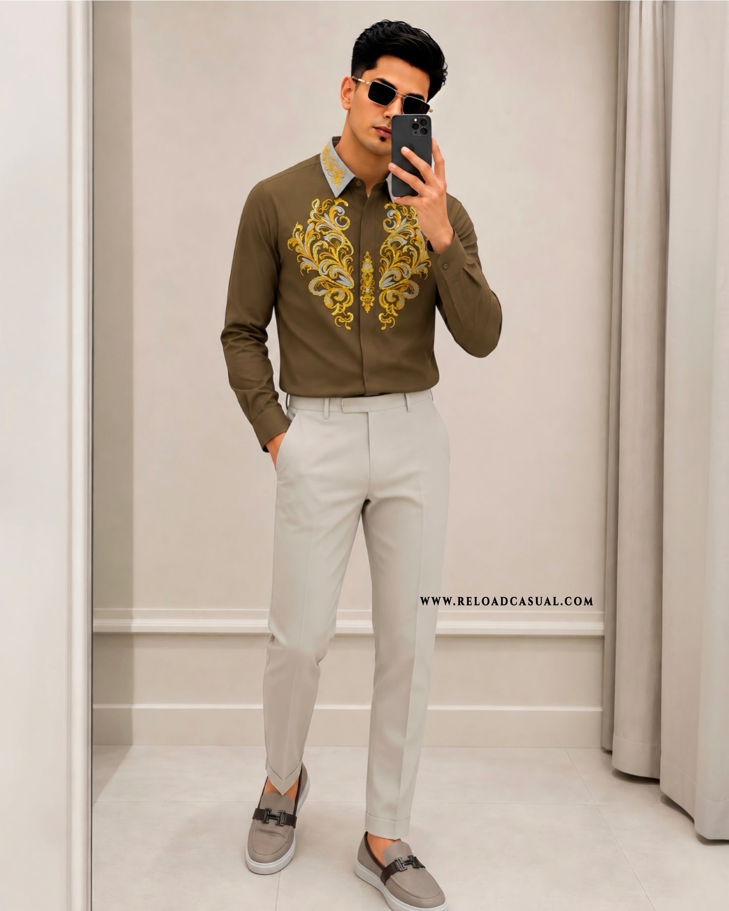 Men's Royal Contrast Collar Embroidered Shirt