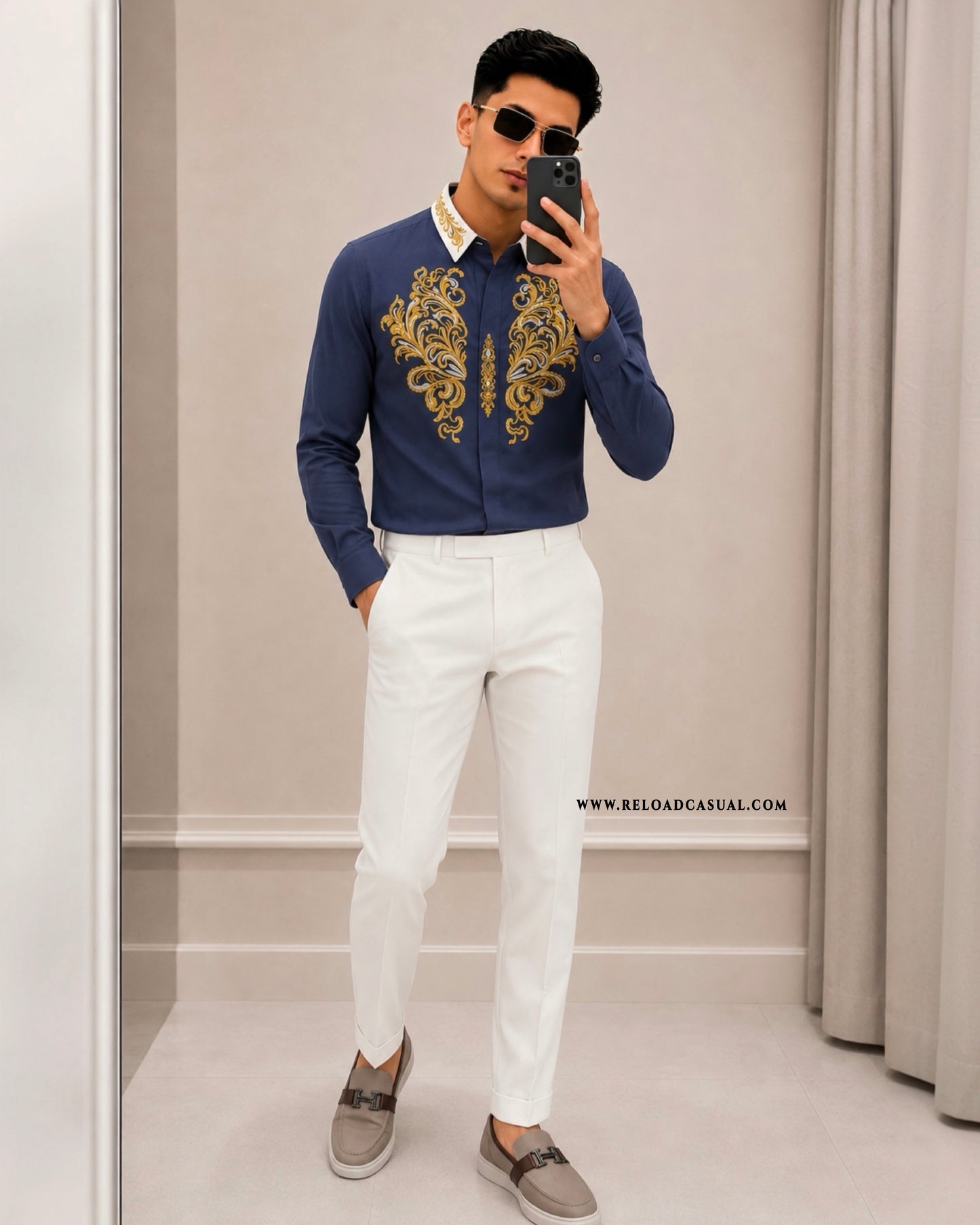 Men's Royal Contrast Collar Embroidered Shirt