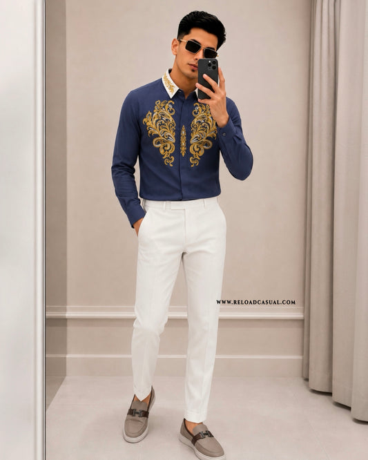 Men's Royal Contrast Collar Embroidered Shirt