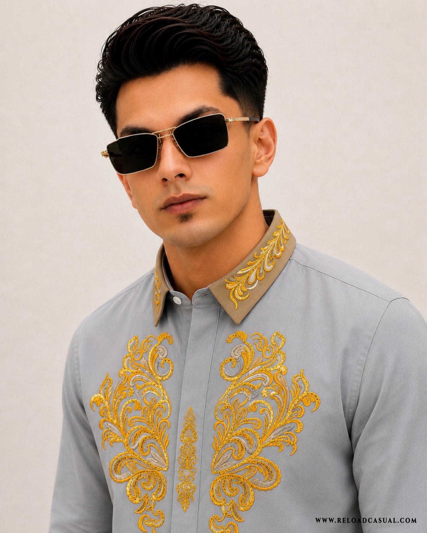 Men's Royal Contrast Collar Embroidered Shirt