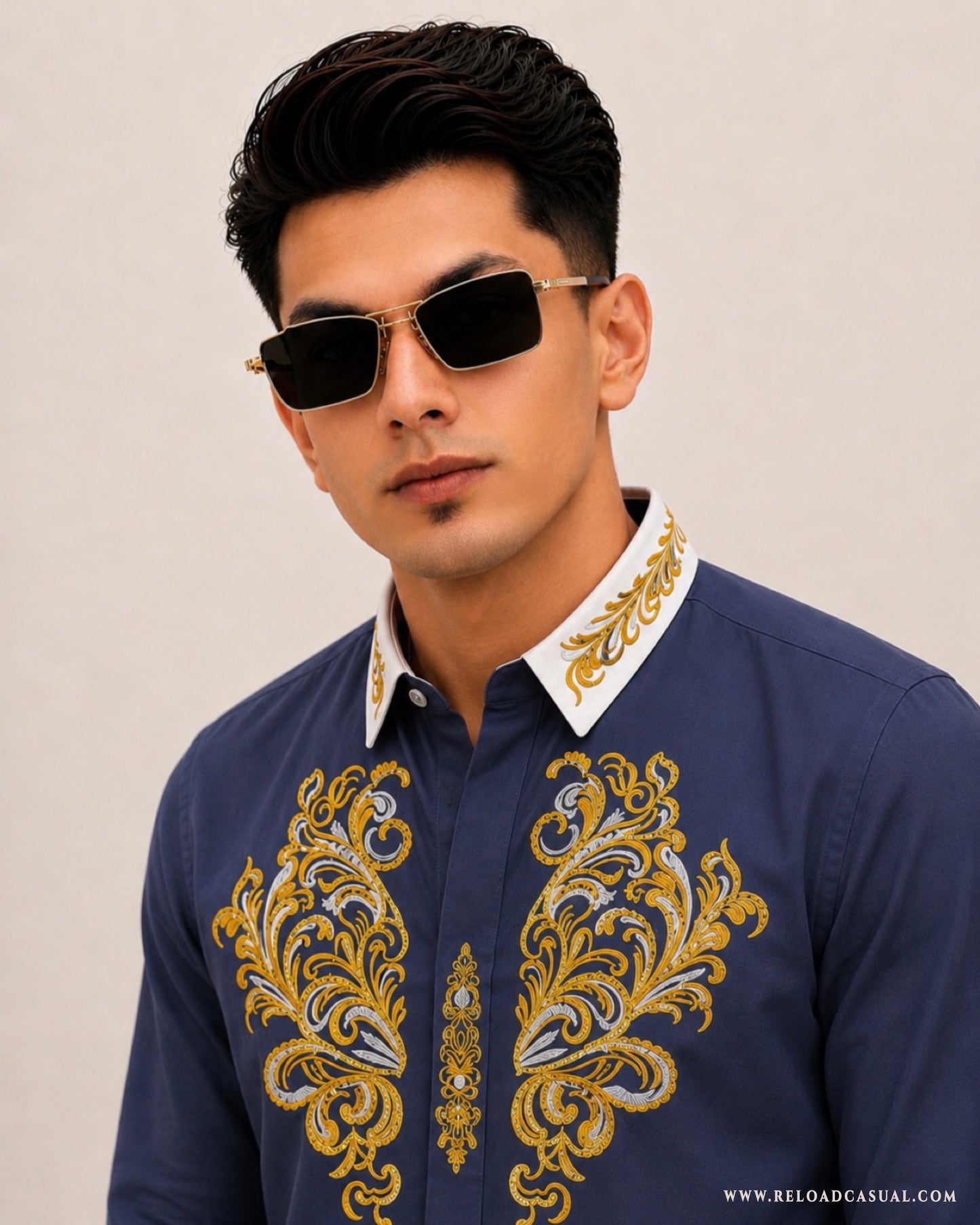 Men's Royal Contrast Collar Embroidered Shirt