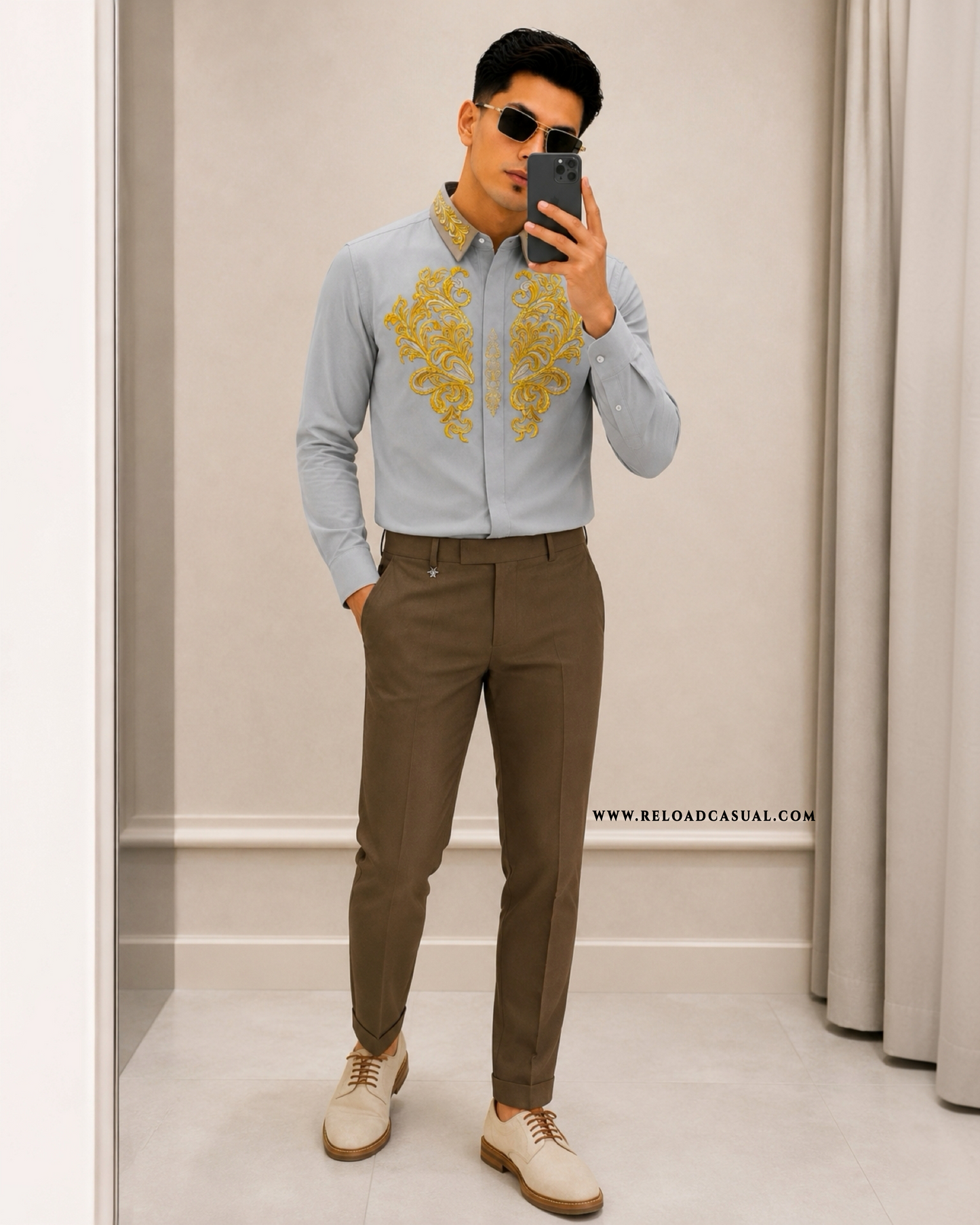 Men's Royal Contrast Collar Embroidered Shirt