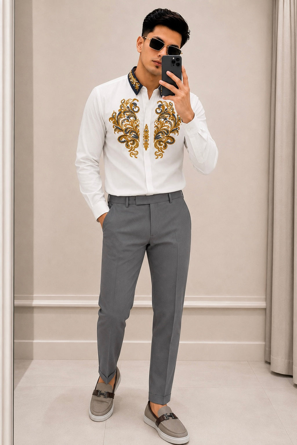 Men's Royal Contrast Collar Embroidered Shirt