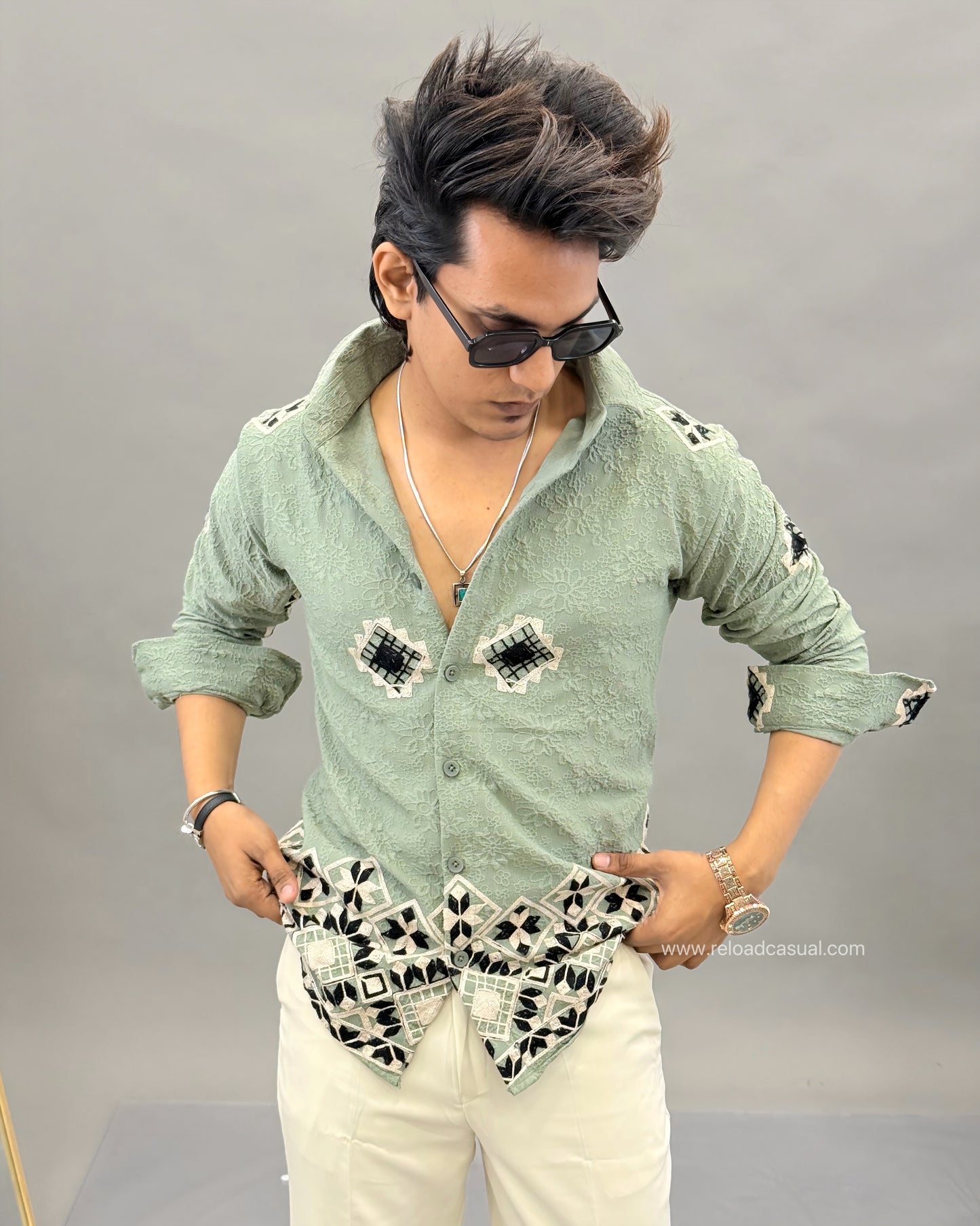Geometric Design Embroidery Linen Shirt