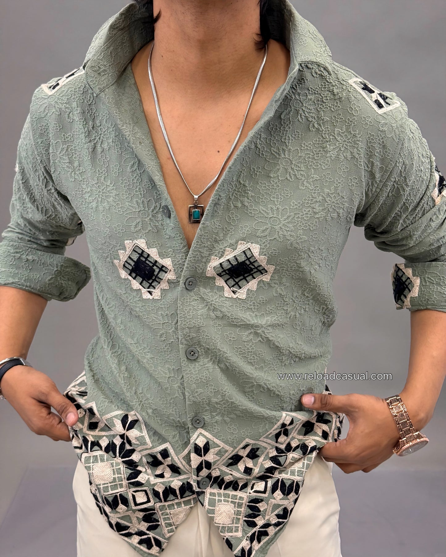 Geometric Design Embroidery Linen Shirt
