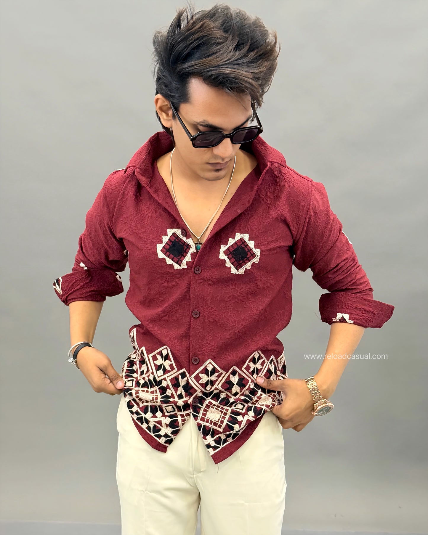 Geometric Design Embroidery Linen Shirt