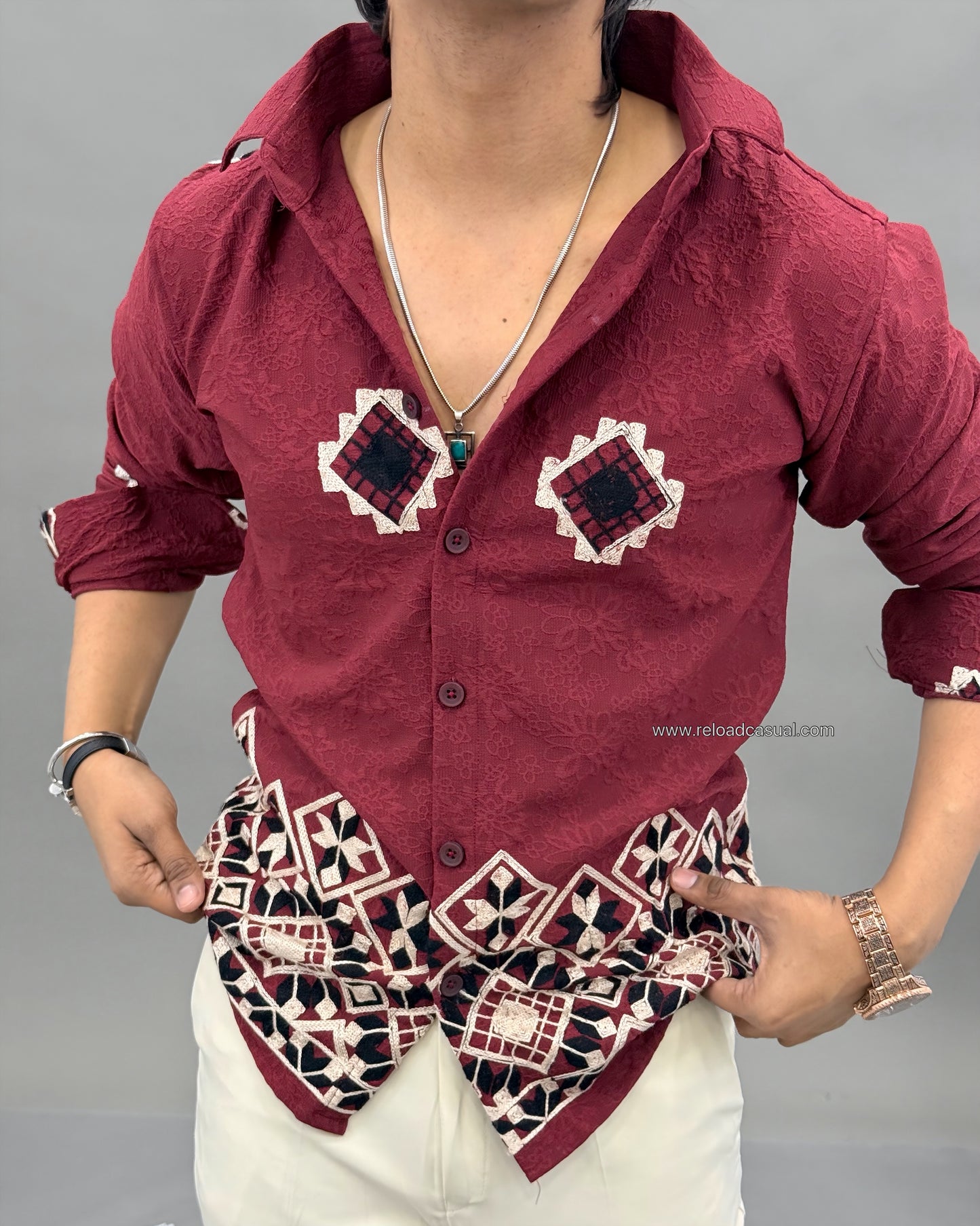 Geometric Design Embroidery Linen Shirt