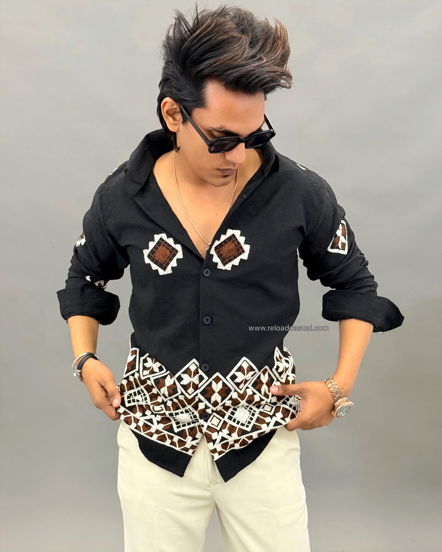 Geometric Design Embroidery Linen Shirt