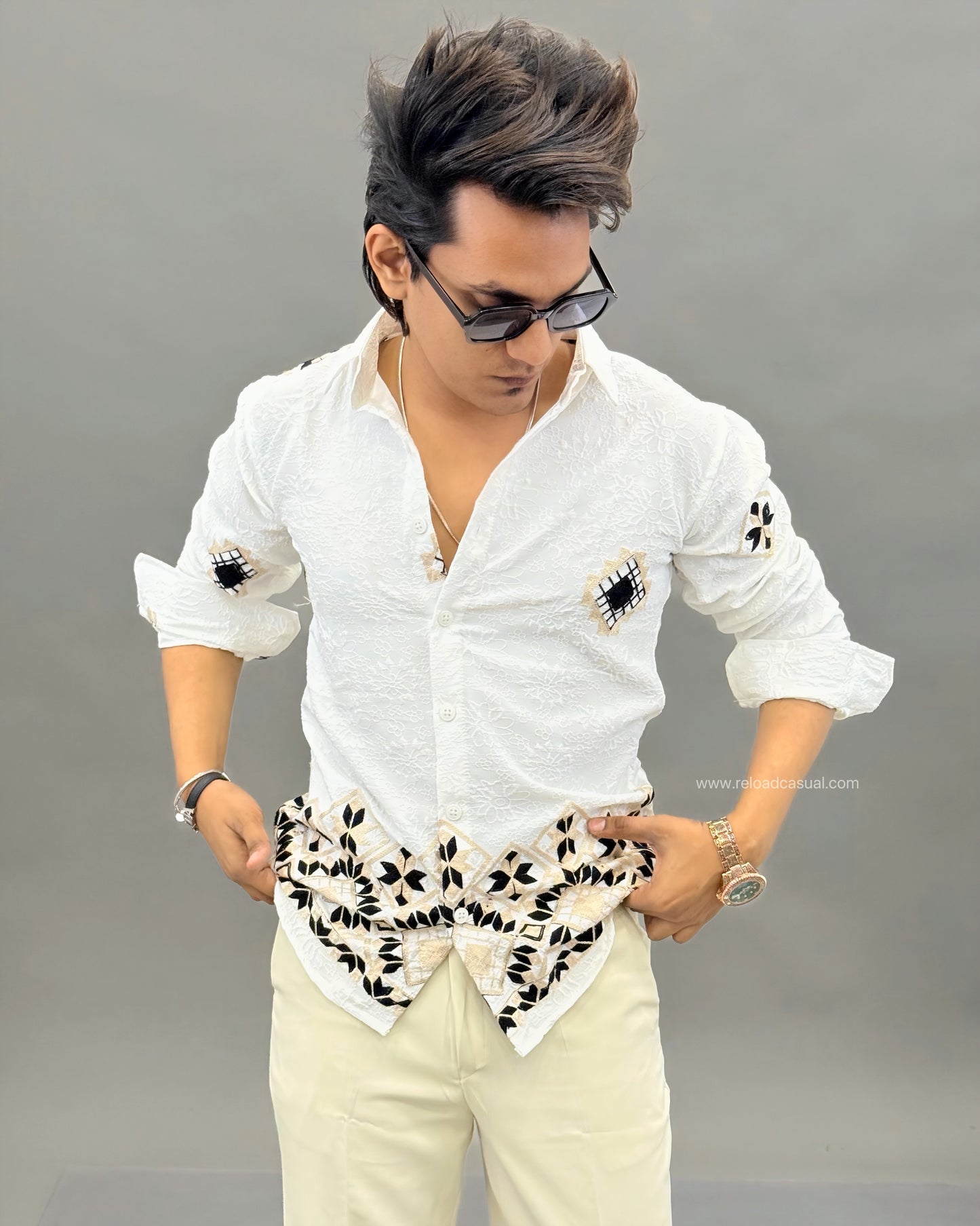 Geometric Design Embroidery Linen Shirt