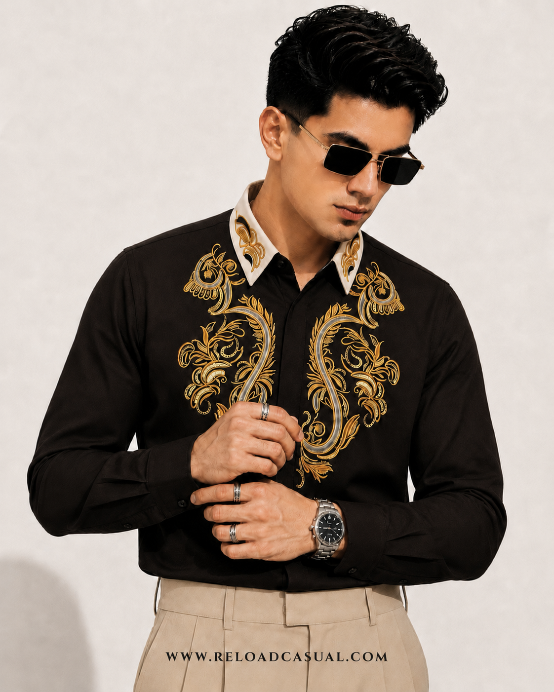 Mens Embroidered Contrast Collar Design Slim Fit Shirt