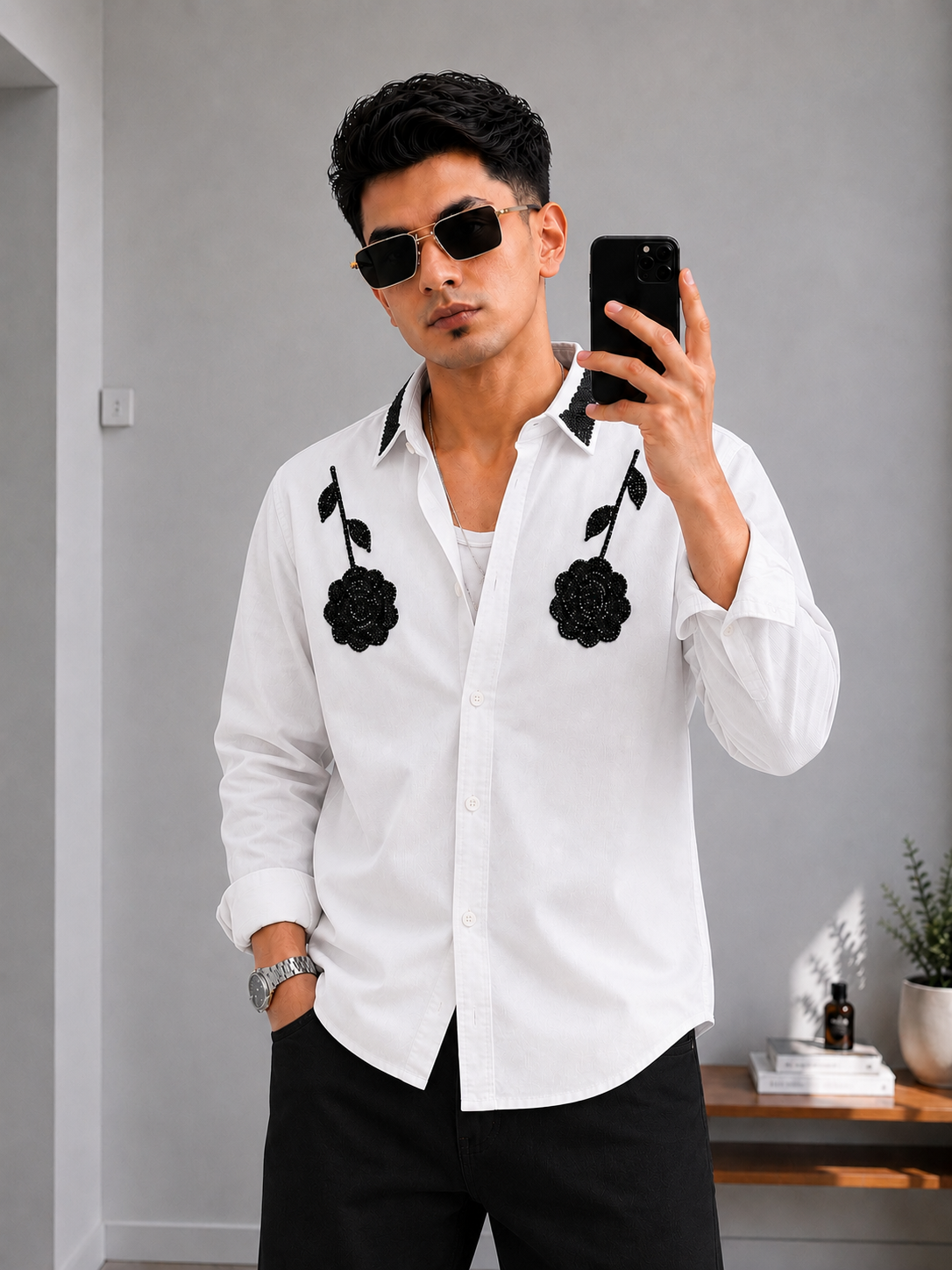 Double Rose Back Line Flock Diamond Shirt
