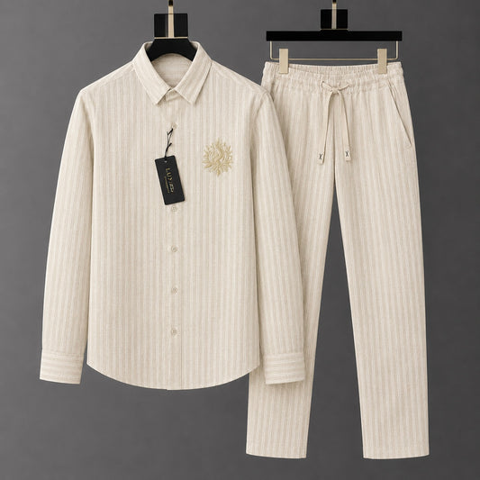 Stylish Lotus Embroidery Linen Tracksuit Set