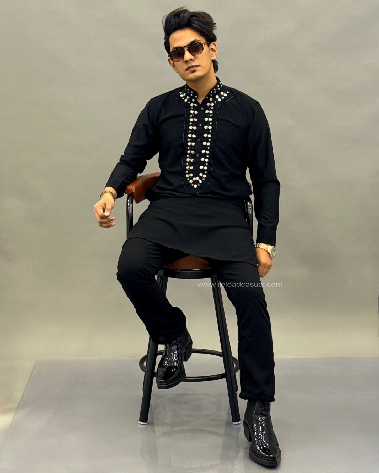 Diamond Embroidered Mandarin Bootcut Kurta Set