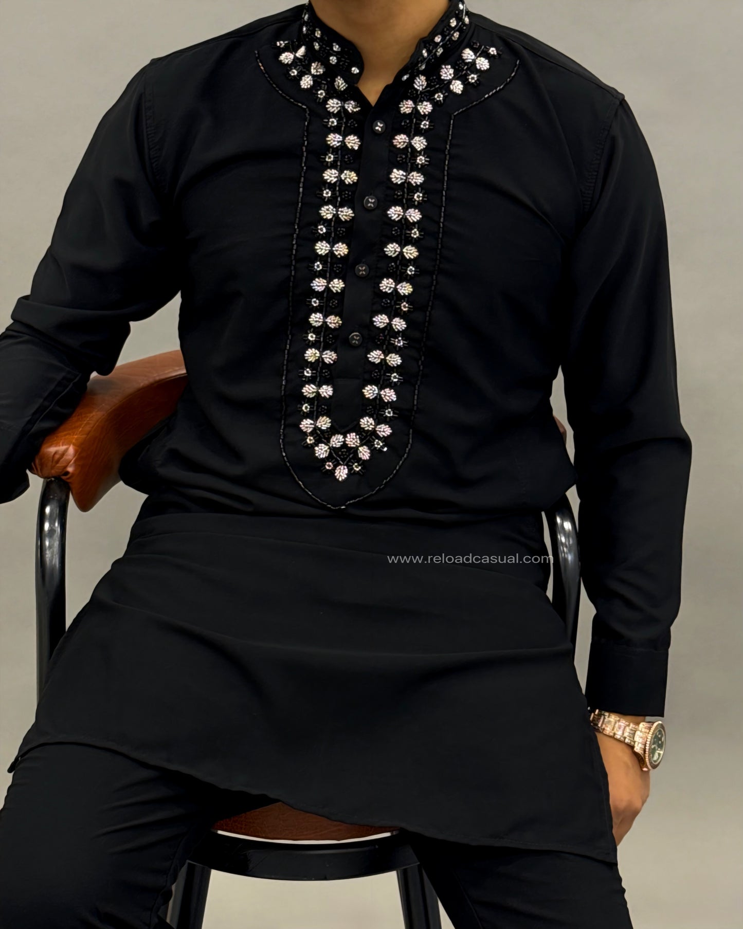 Diamond Embroidered Mandarin Bootcut Kurta Set