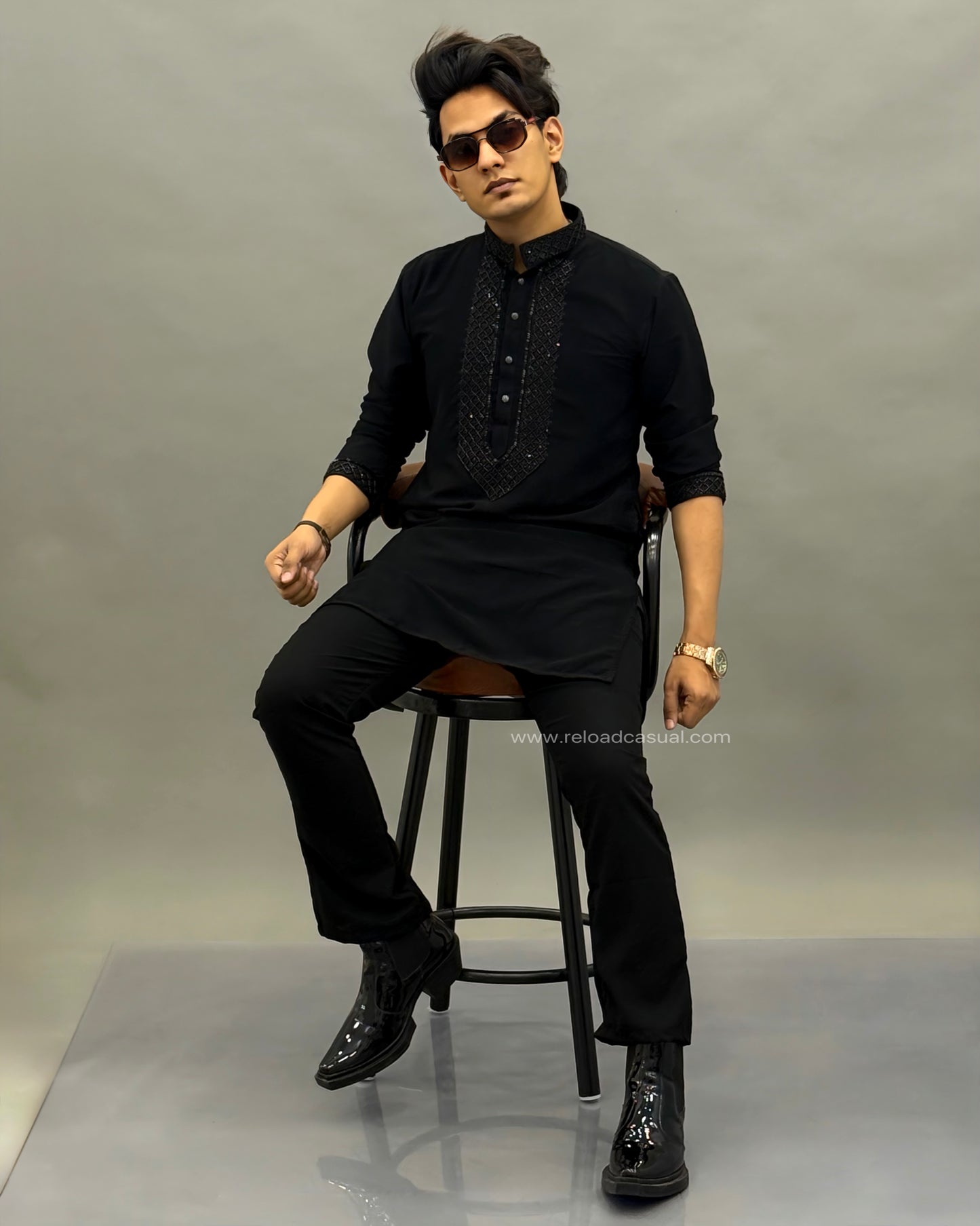 Diamond Embroidered Mandarin Bootcut Kurta Set