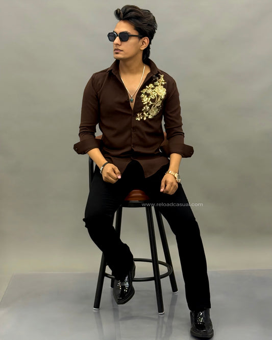 Heritage Golden Floral Embroidery Design Shirt