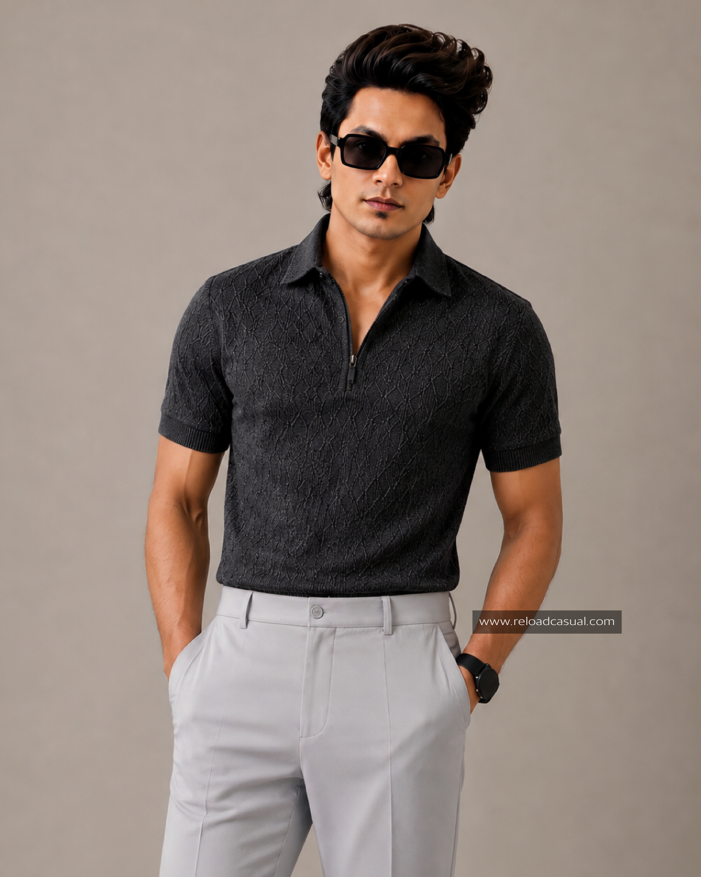 Denim Style Knitted Half Zip T-Shirt