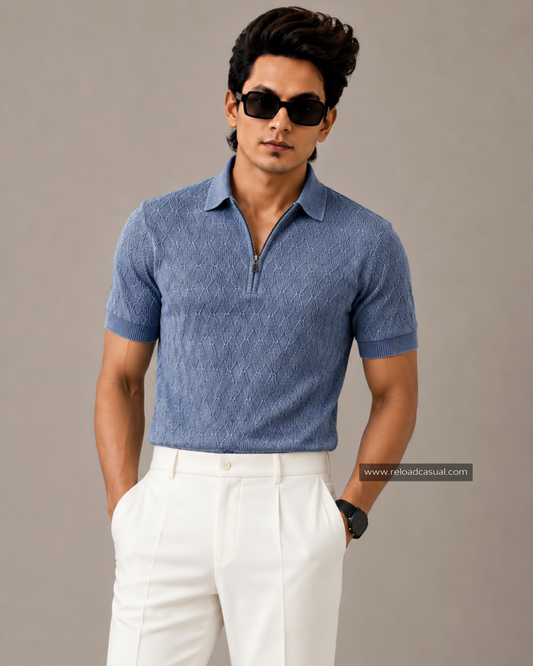 Denim Style Knitted Half Zip T-Shirt