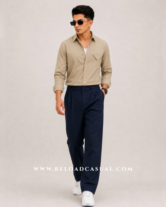 Single Flap Pocket Boxy Fit Shirt + Korean Baggy Adjuster Trousers