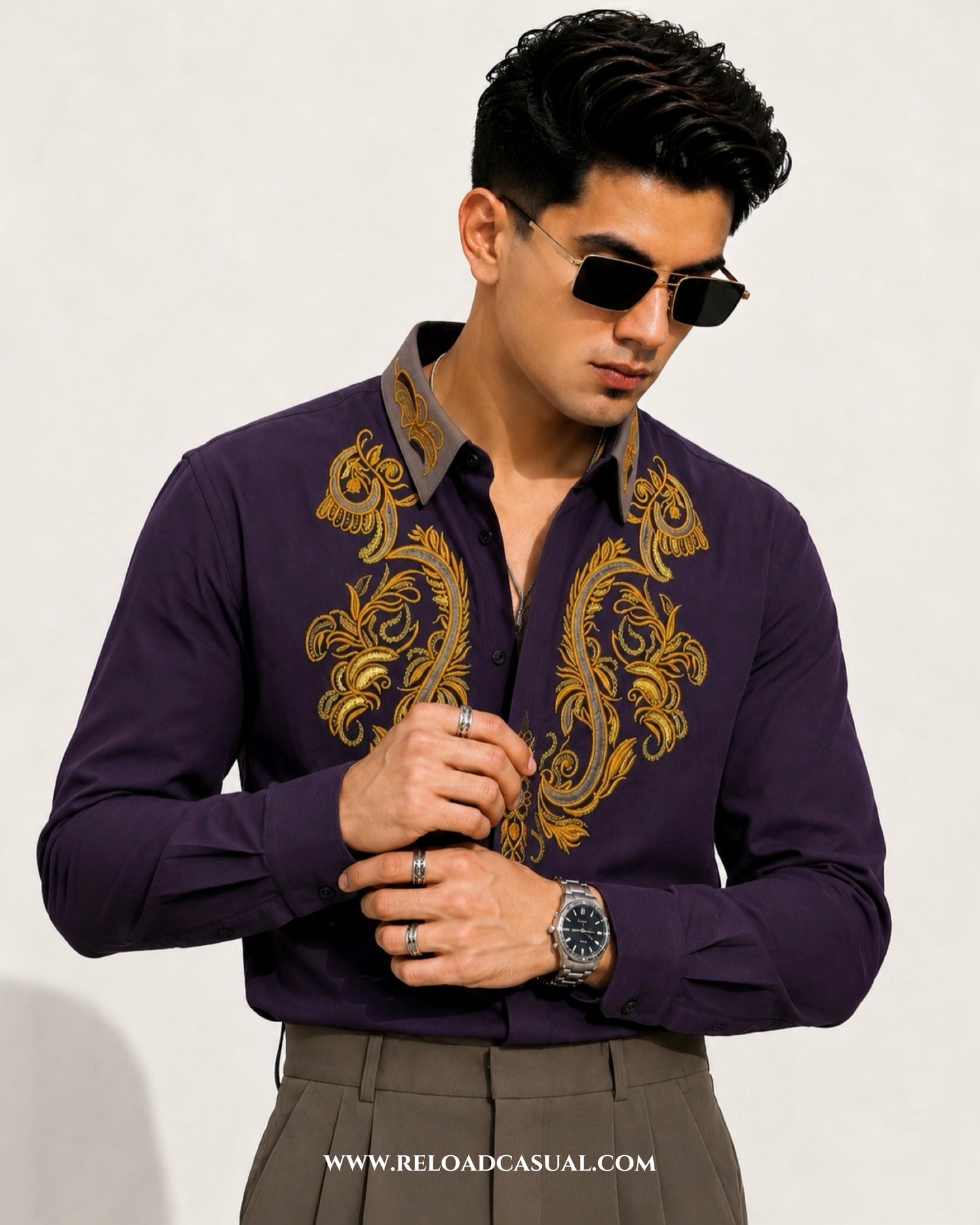 Mens Embroidered Contrast Collar Design Slim Fit Shirt
