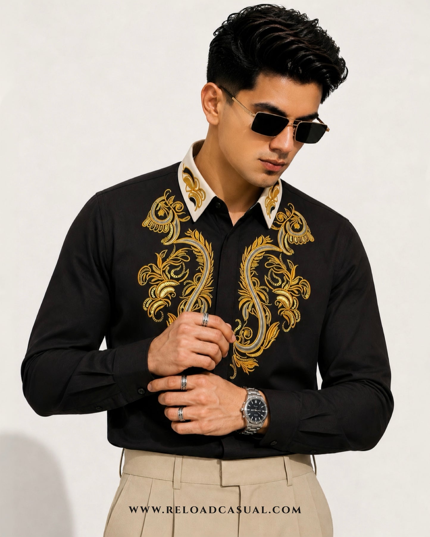 Mens Embroidered Contrast Collar Design Slim Fit Shirt