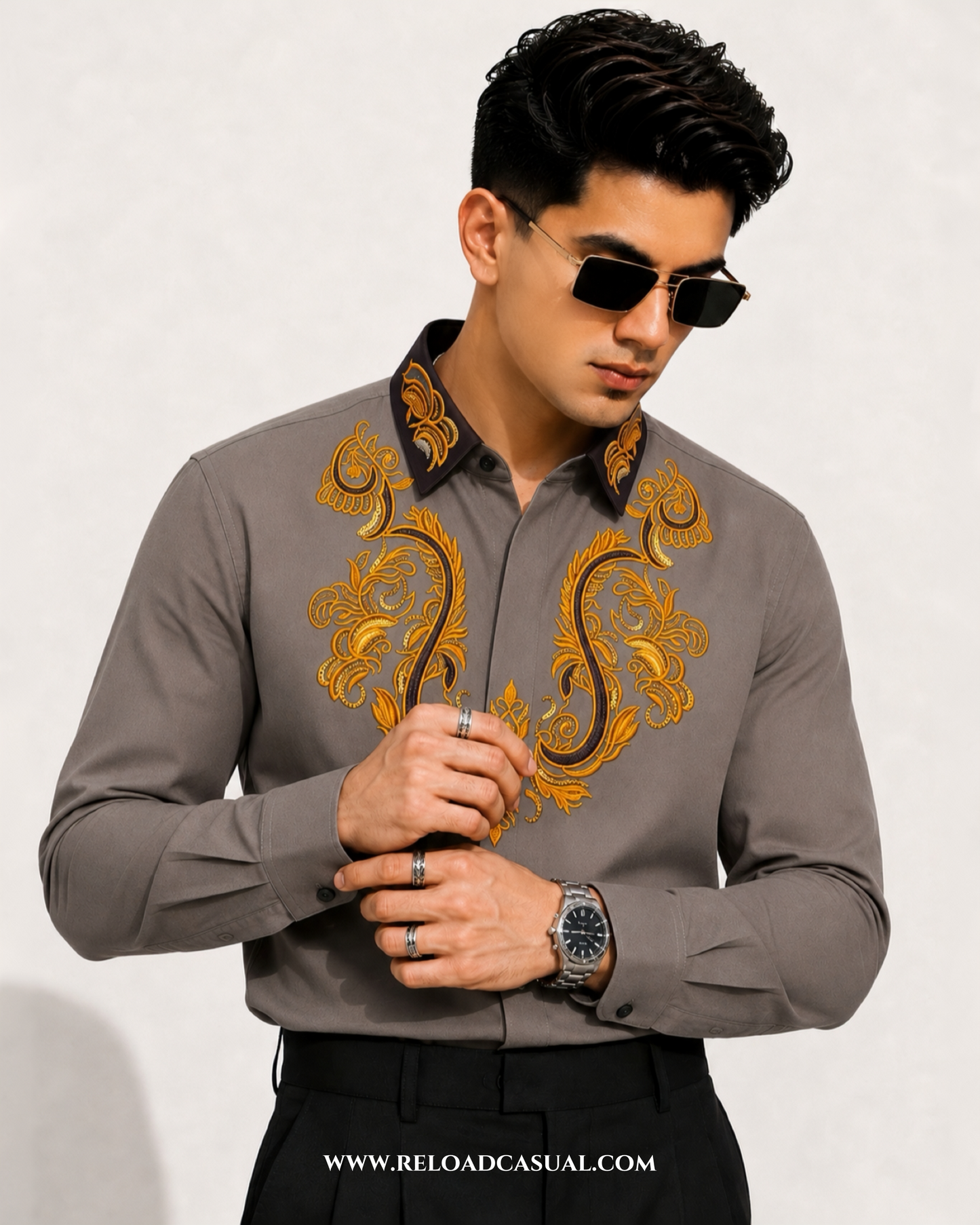 Mens Embroidered Contrast Collar Design Slim Fit Shirt