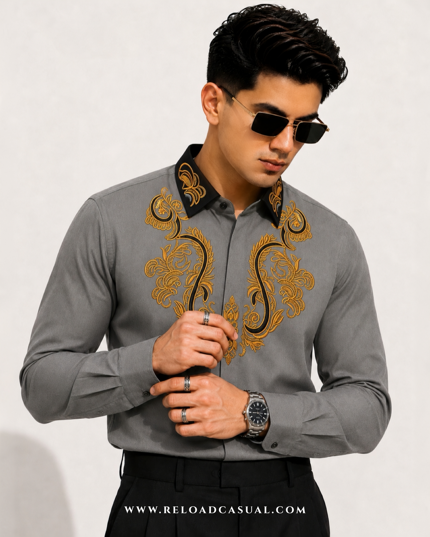 Mens Embroidered Contrast Collar Design Slim Fit Shirt