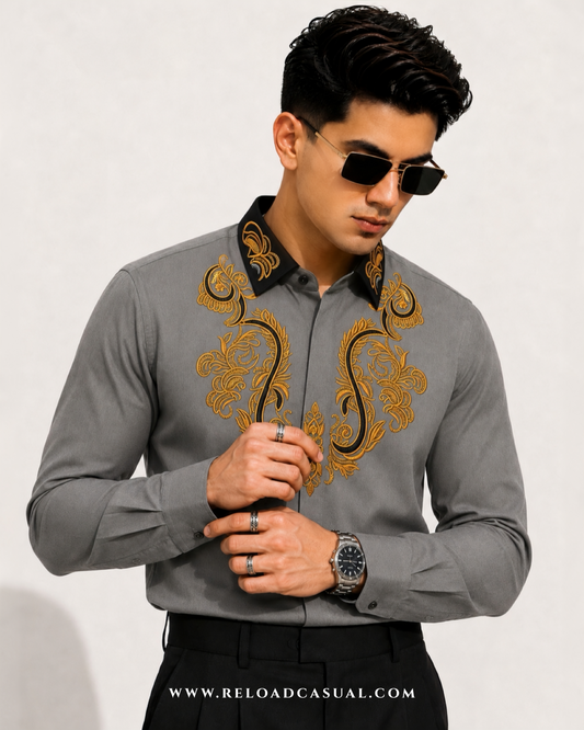 Mens Embroidered Contrast Collar Design Slim Fit Shirt