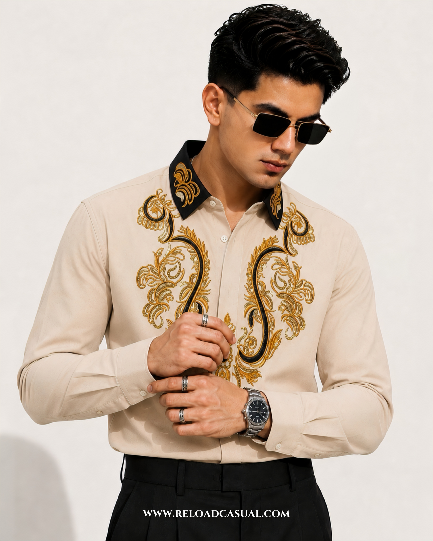 Mens Embroidered Contrast Collar Design Slim Fit Shirt