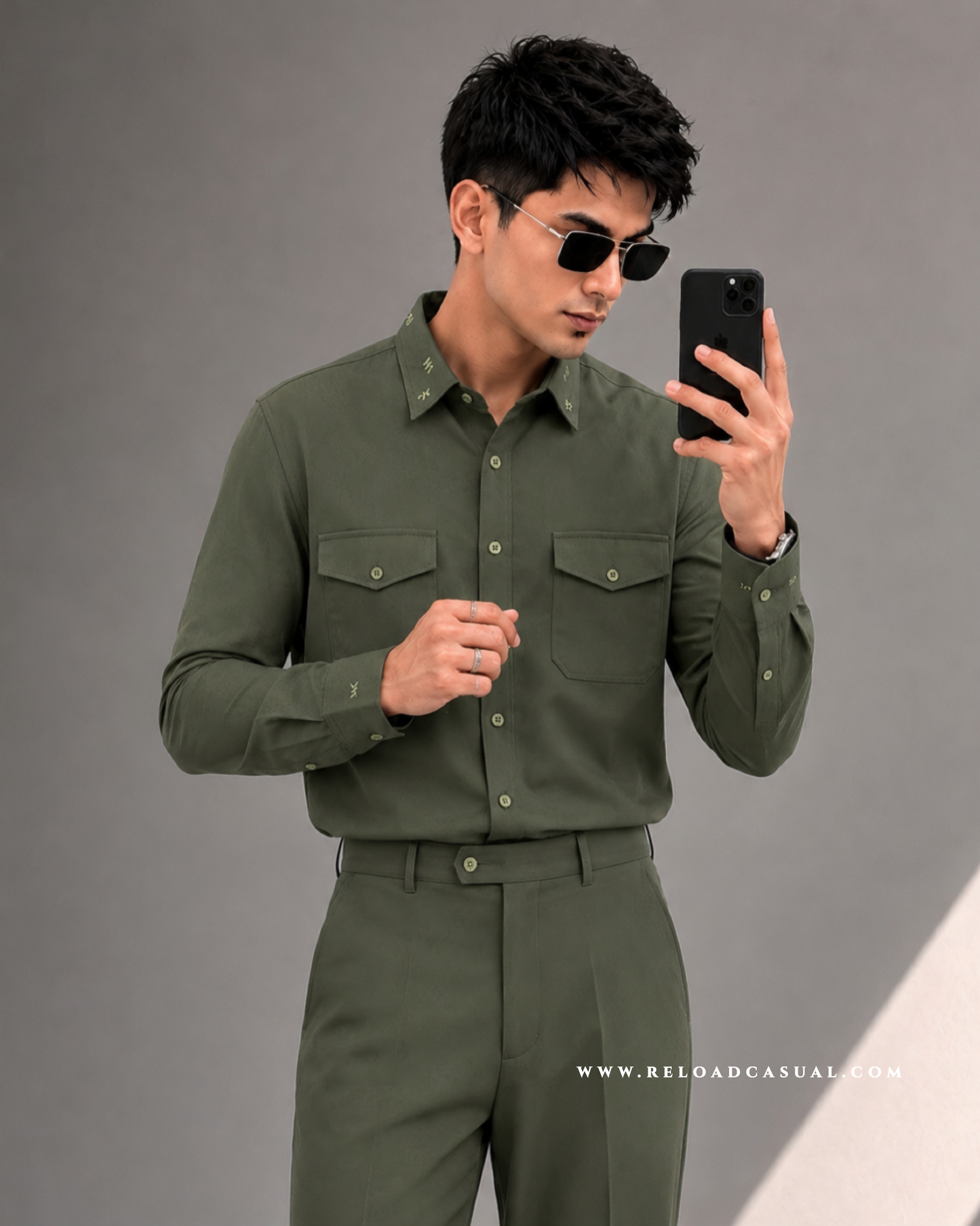 Twill Embroidered Collar Bootcut Co-ord Set
