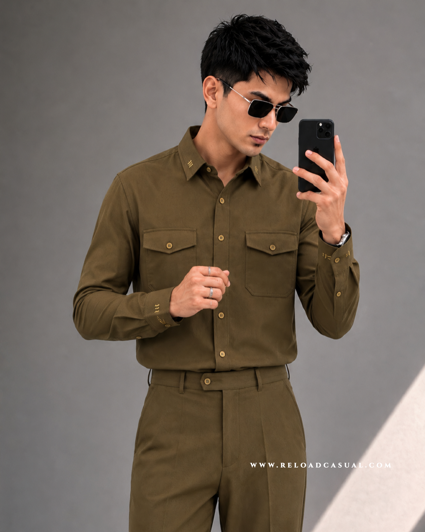 Twill Embroidered Collar Bootcut Co-ord Set