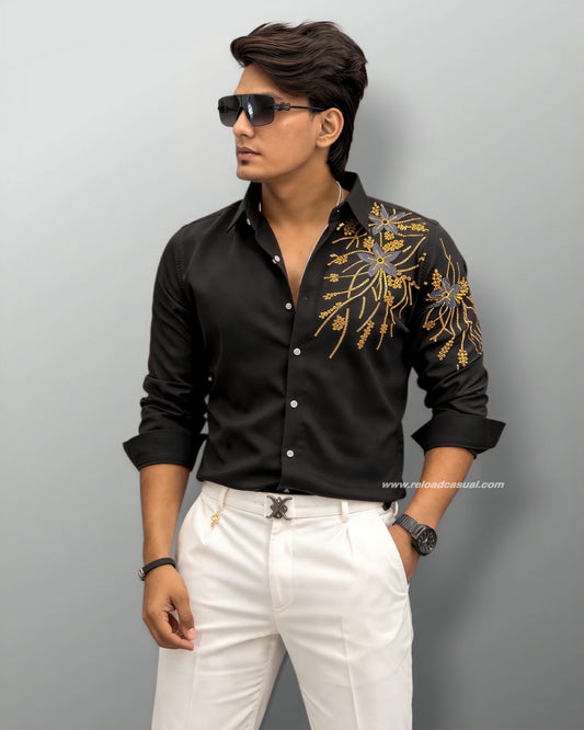 Chest & Sleeve Floral Embroidered Shirt