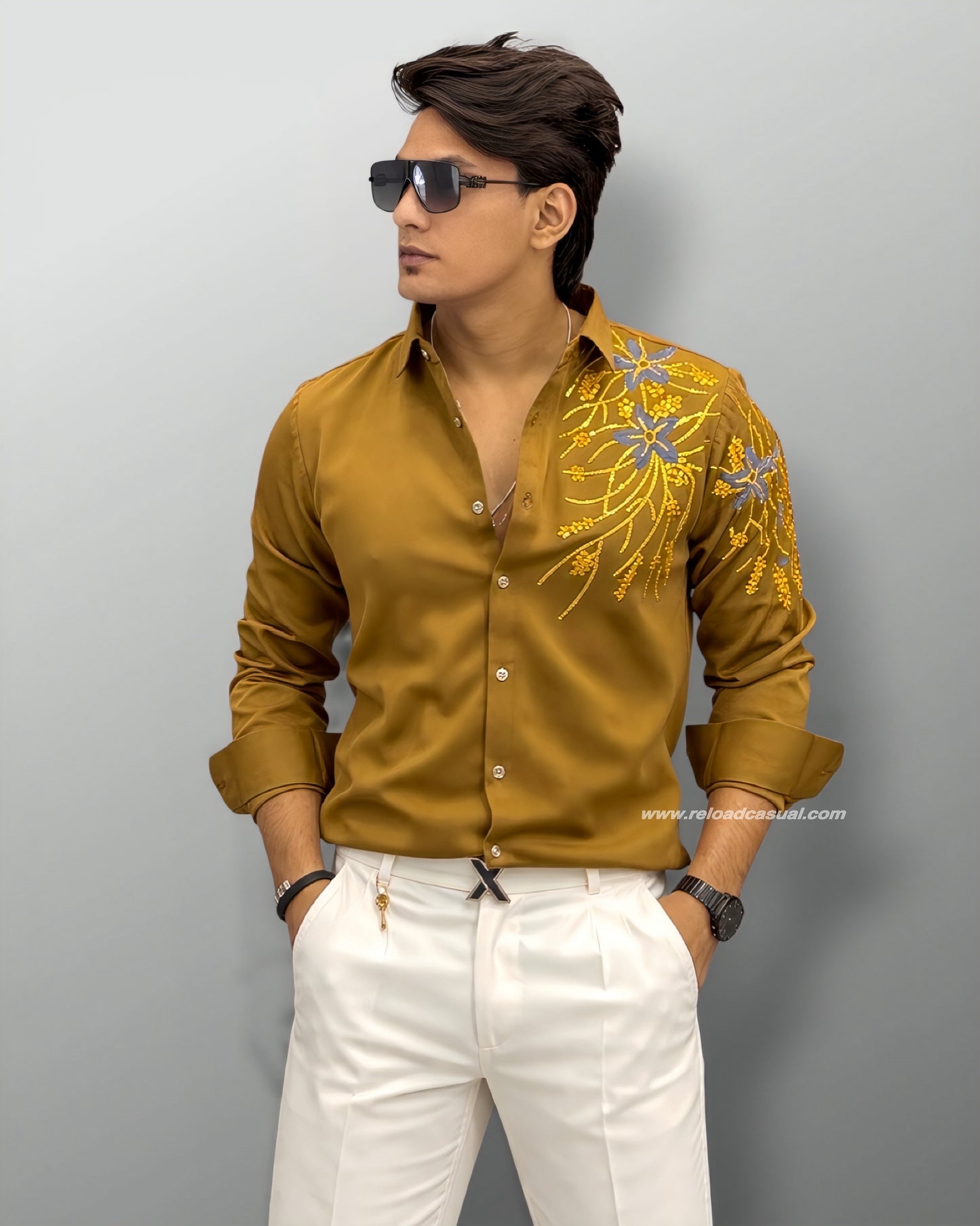 Chest & Sleeve Floral Embroidered Shirt