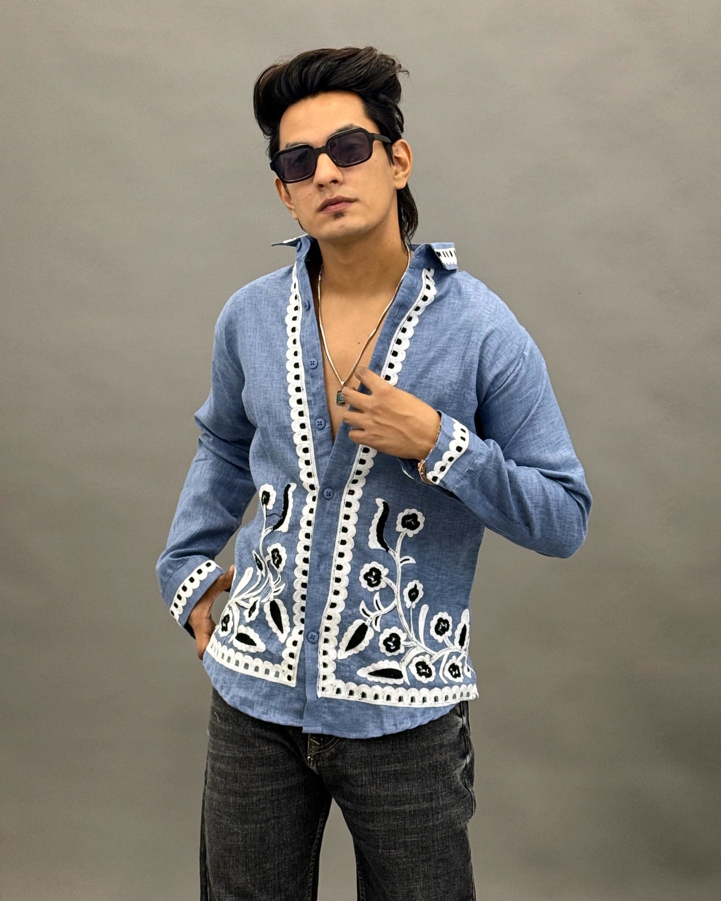 Floral Border Embroidered Shirt