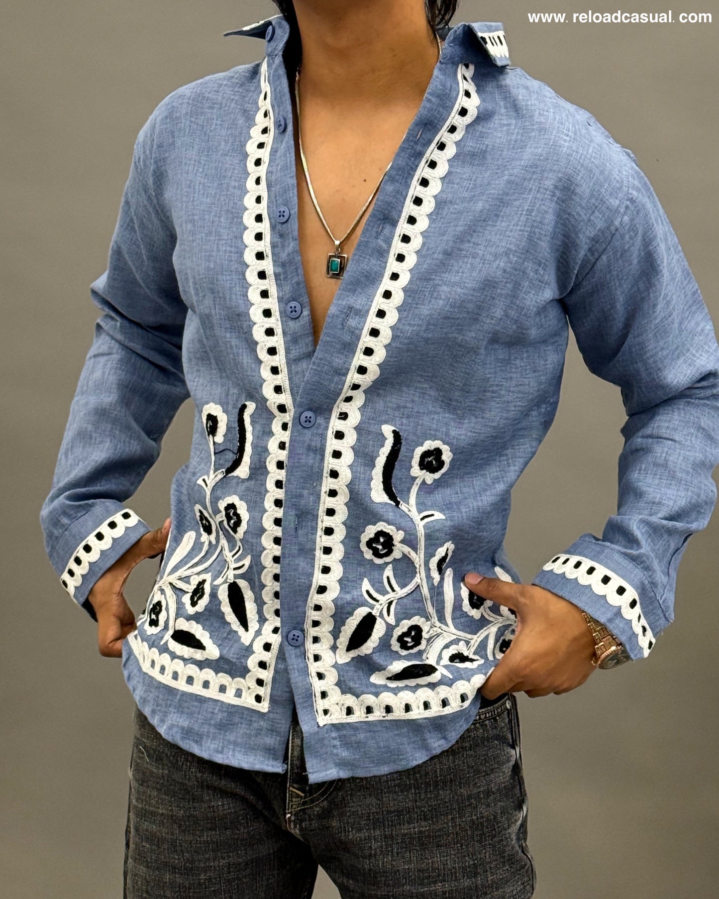 Floral Border Embroidered Shirt