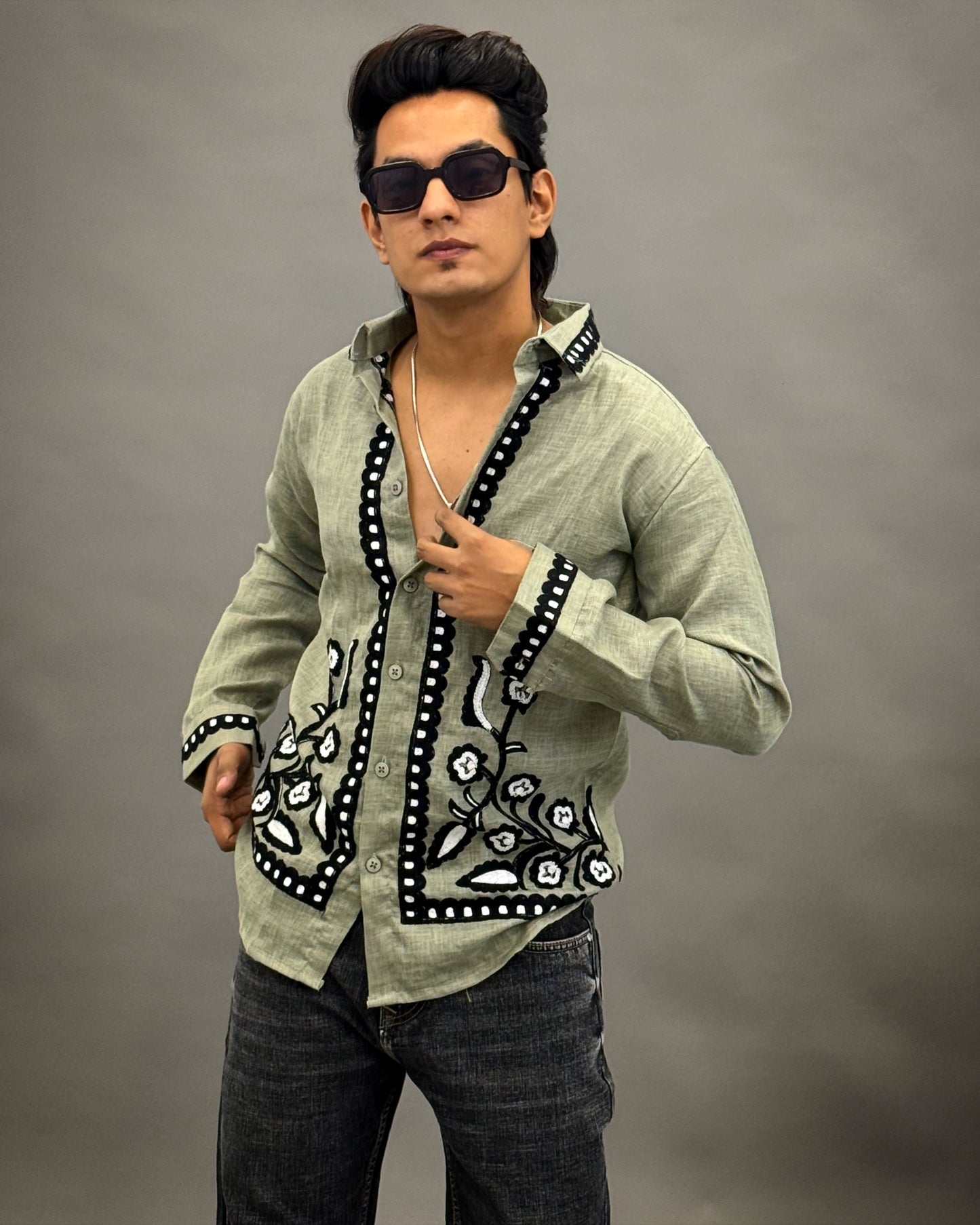 Floral Border Embroidered Shirt