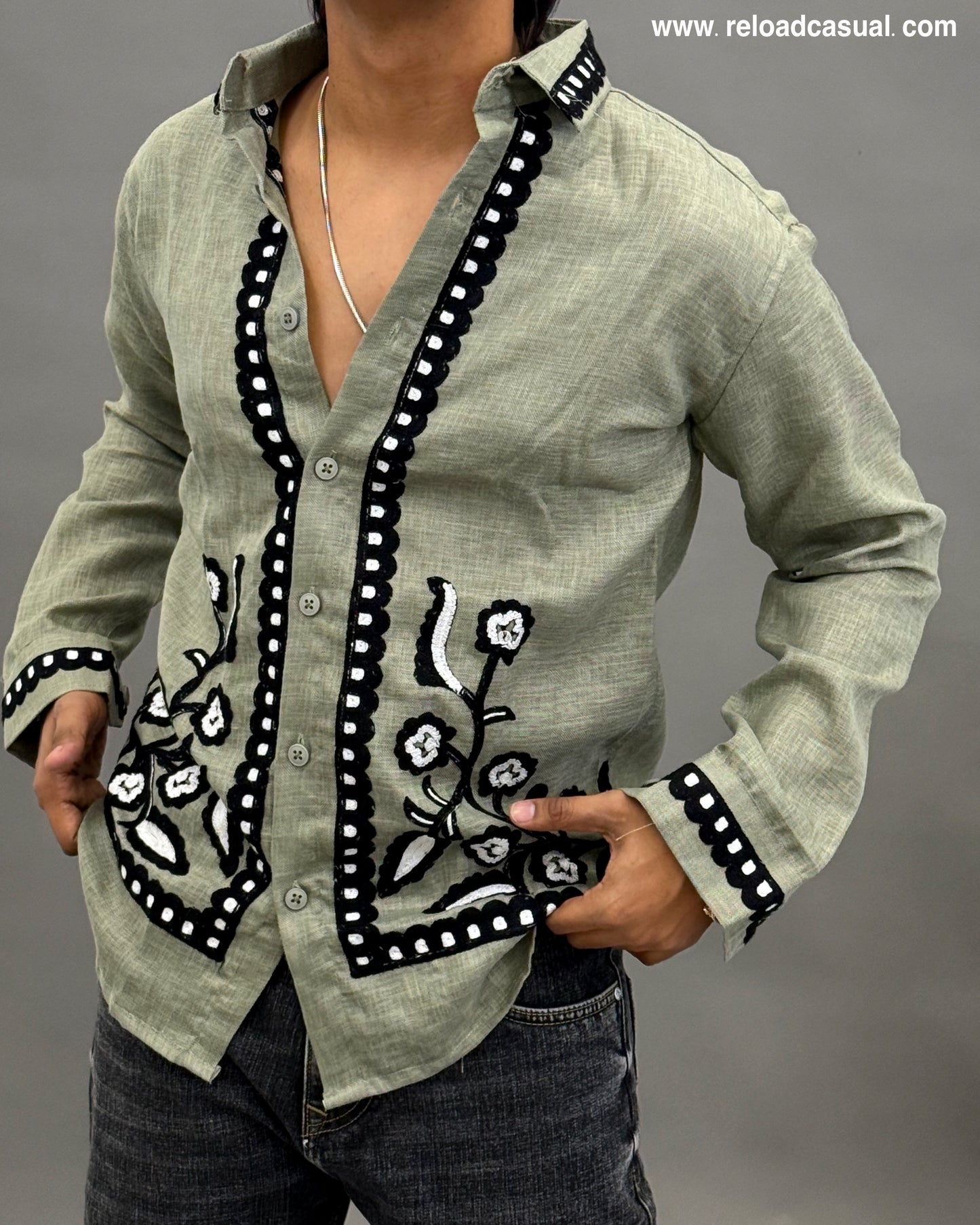 Floral Border Embroidered Shirt