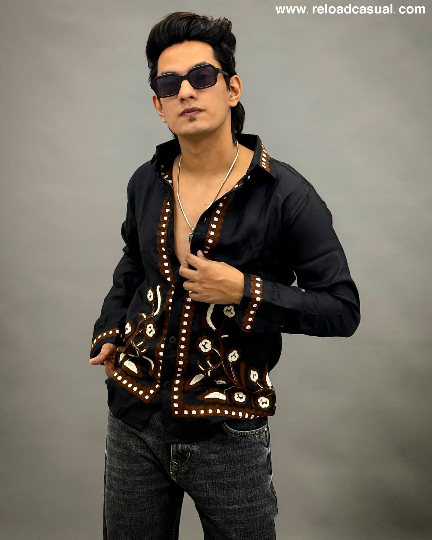 Floral Border Embroidered Shirt