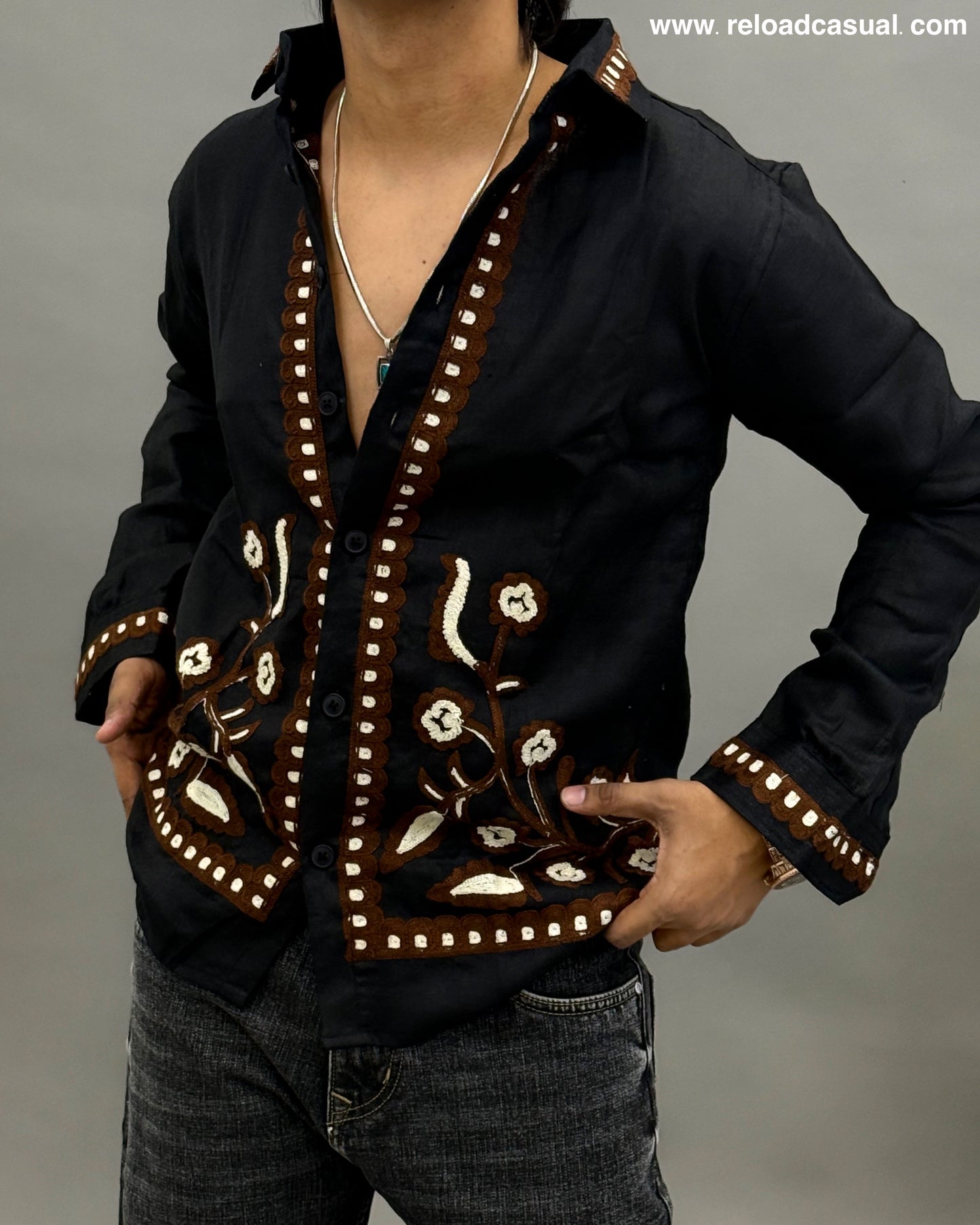 Floral Border Embroidered Shirt