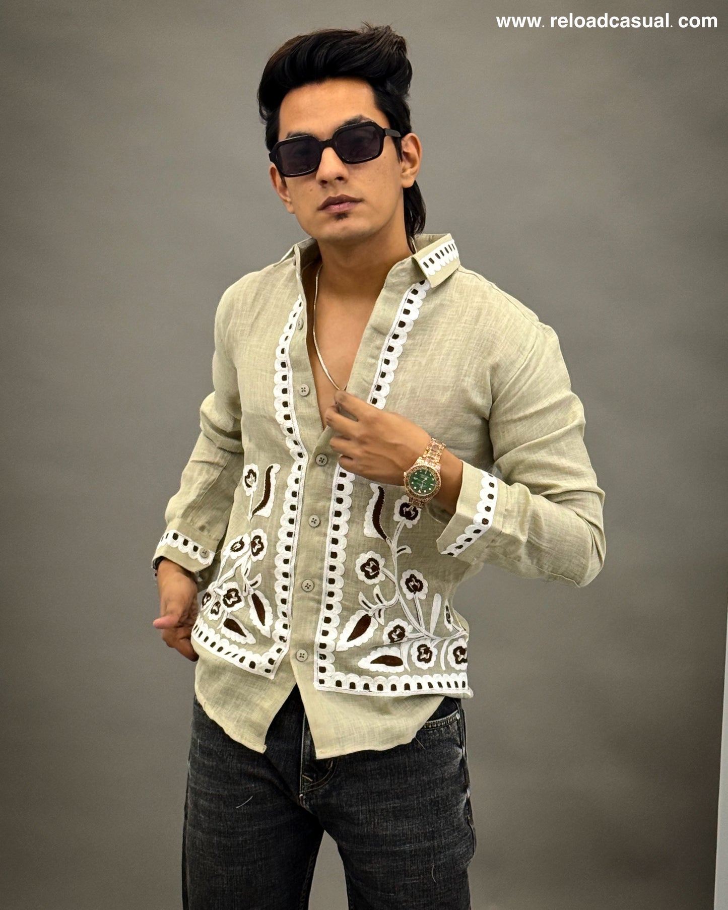 Floral Border Embroidered Shirt