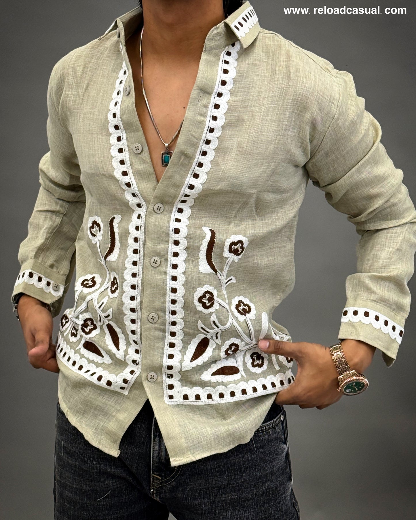 Floral Border Embroidered Shirt