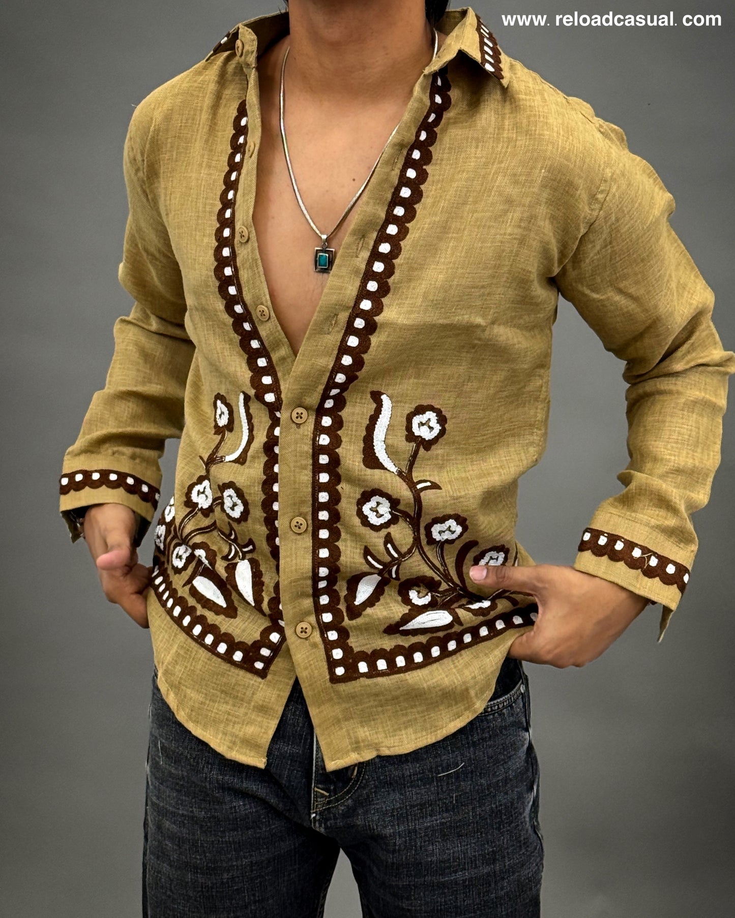 Floral Border Embroidered Shirt