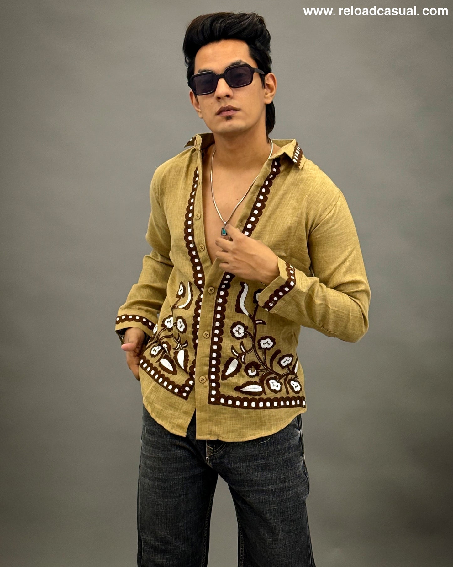 Floral Border Embroidered Shirt