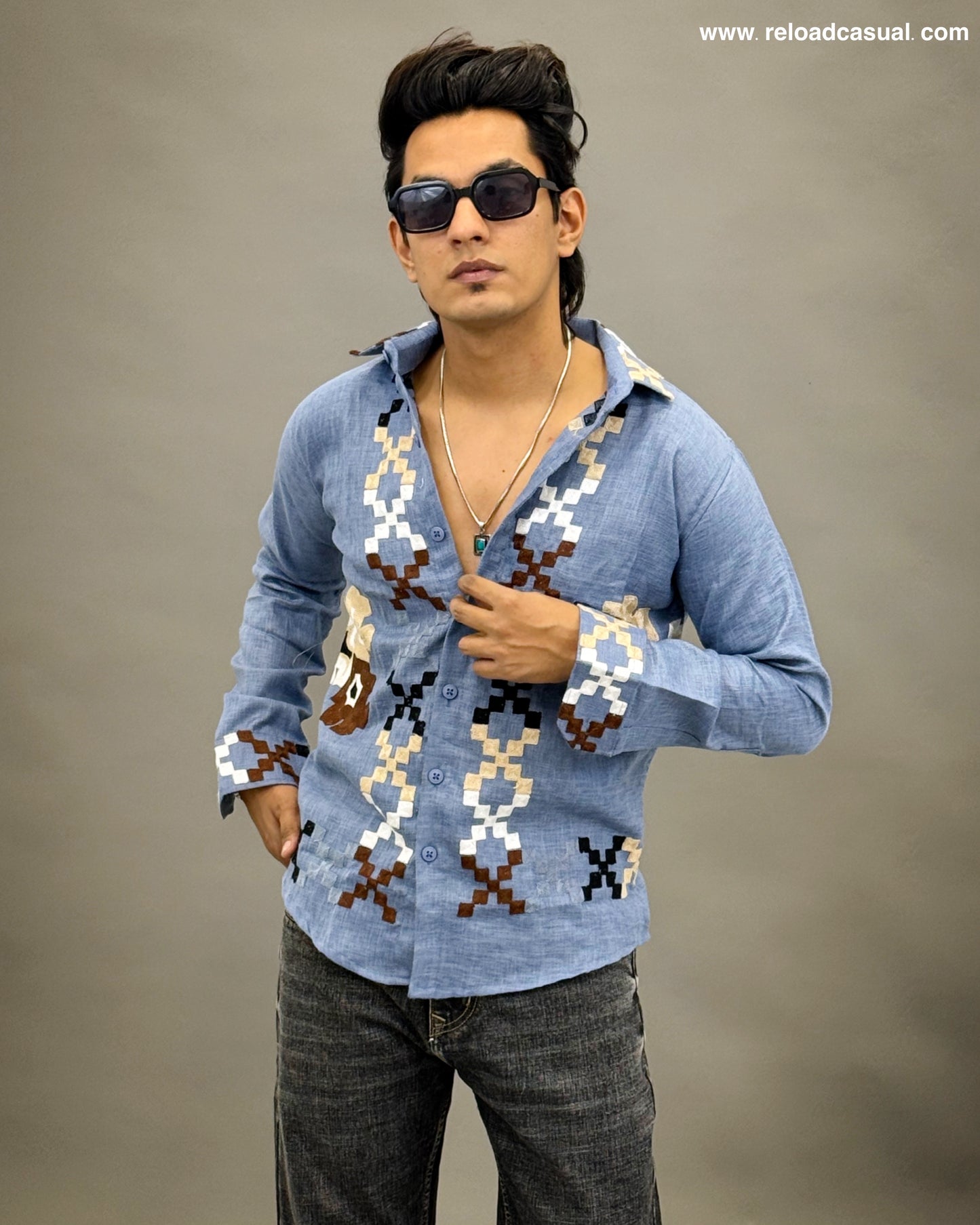 Cultural Grid Embroidered Casual Shirt