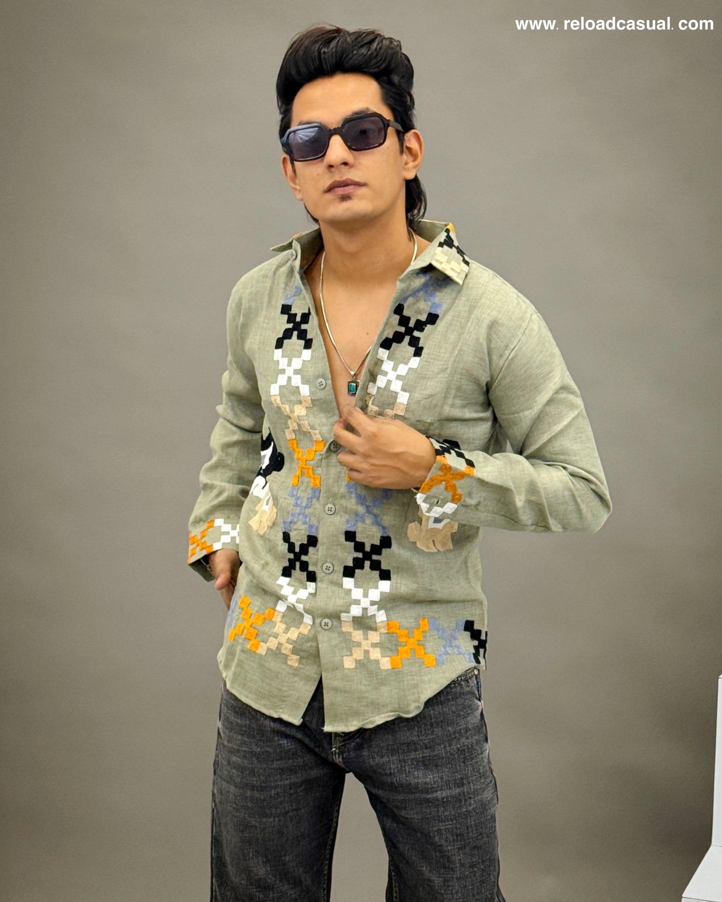 Cultural Grid Embroidered Casual Shirt