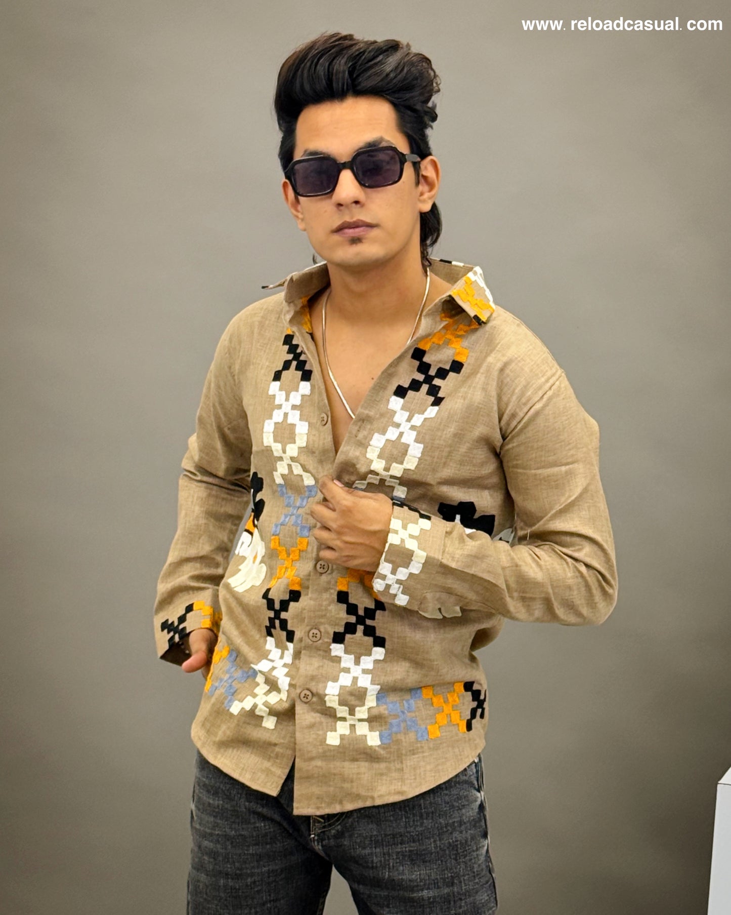 Cultural Grid Embroidered Casual Shirt